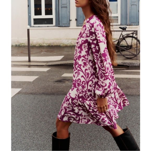 Zara Abstract Magenta Ivory   Button Front Boho tiered oversized shirt dress M - Picture 2 of 15